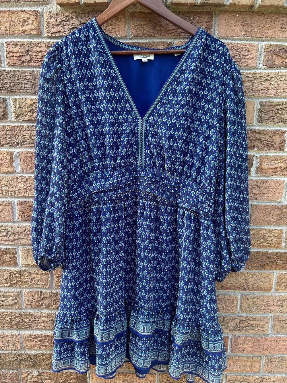 Max Studio London XL Blue Printed V-Neck Tunic dress